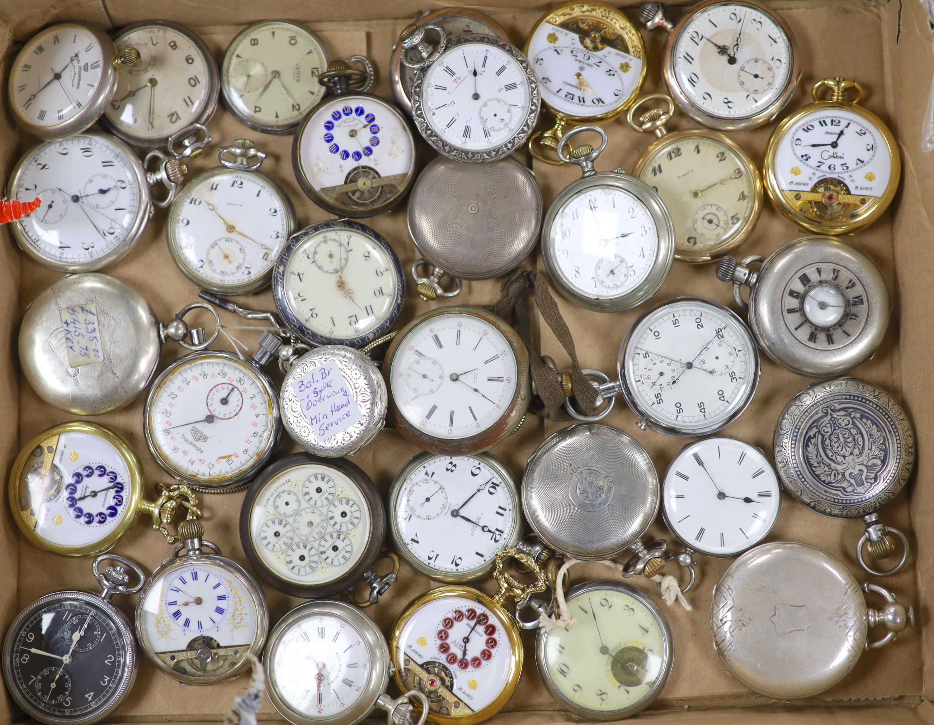 A collection of assorted white metal, base metal and gold plated mainly pocket watches, including Longines, Hebdomas, Zenith and Calibri.